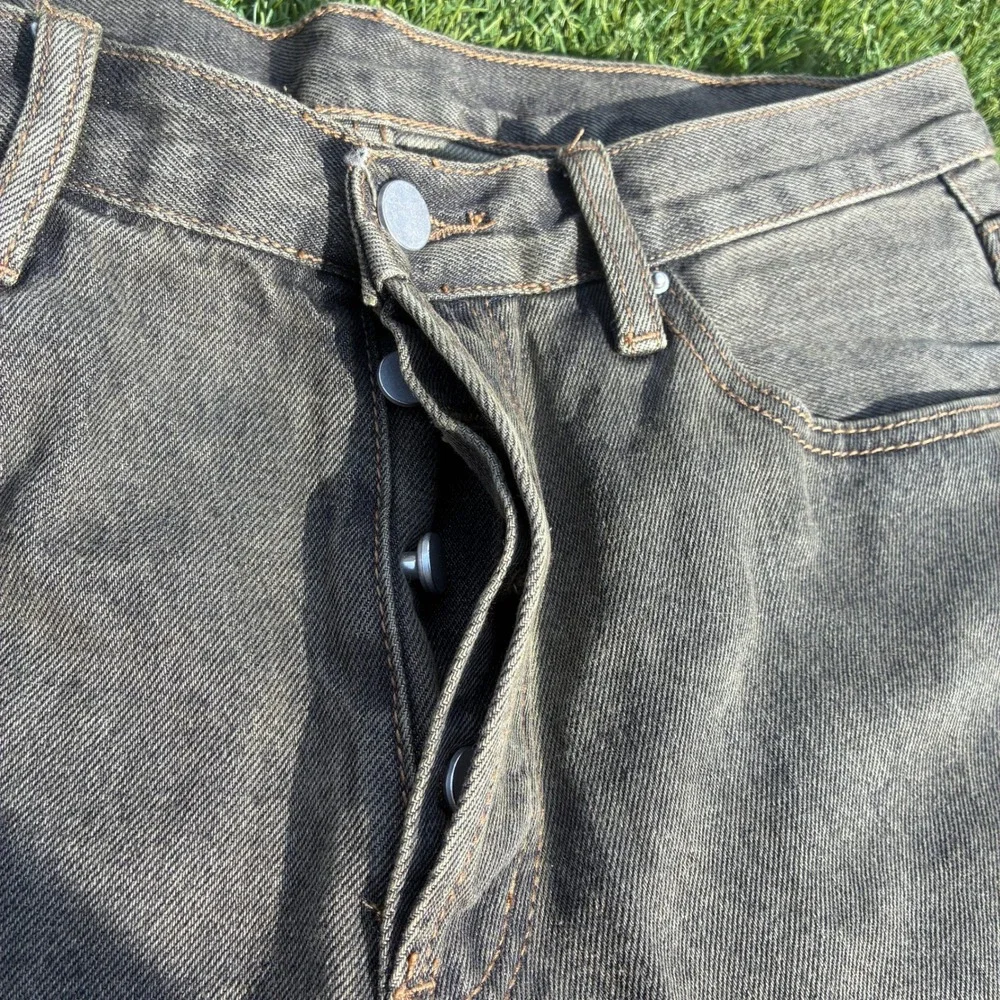 MNML Mens 31x31 Washed Dark Gray Flared Denim Jeans Raw Hem Button Fly